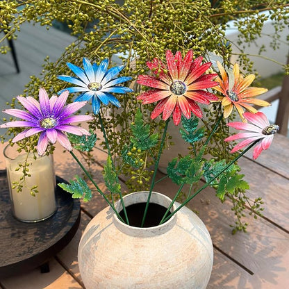 Metal Flowers for Outside, 4 Pack Decorative Garden Stakes with Spring Design, 16.5 Inch Handmade Iron Outdoor Metal Garden Decor, Flickering Daisy Yard Art for Patio Lawn