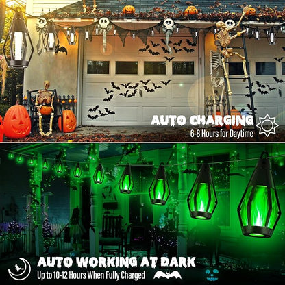 iBaycon 27Ft 10 LED Solar Flame Halloween String Lights, Green | Ultra-Real Flickering Flame Lamp Outdoor Waterproof, Solar Patio String Lights for Garden Yard Lawn Halloween Decorations