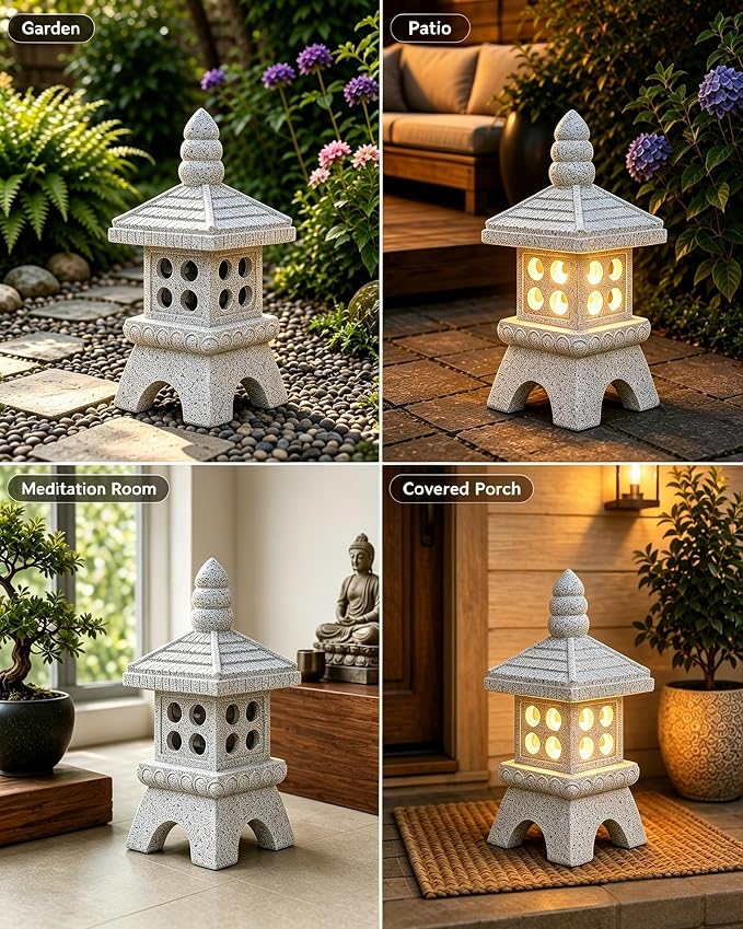 Nacome Solar Pagoda Garden Statues:15.7 inches Outdoor Weatherproof Resin Zen Decor for Landscape Balcony Patio Porch Yard Ornament(Gray)