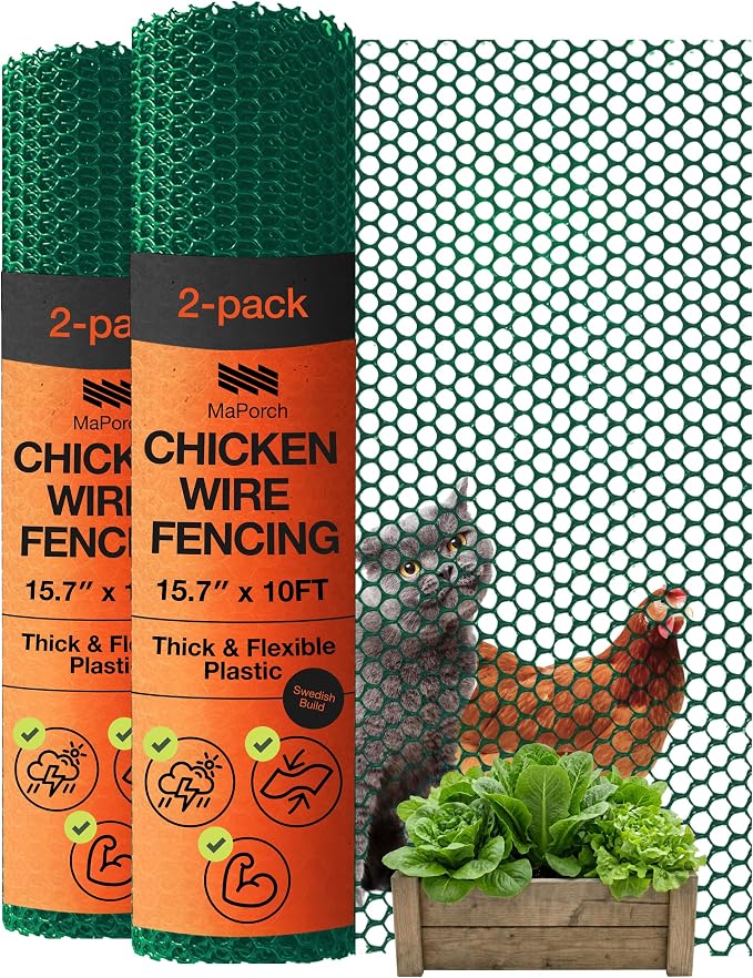 Maporch Plastic Chicken Wire Fencing for Pet Protection - 15.7" x 10ft, HDPE Hunter Green Chicken Wire - Garden Fence Animal Barrier for Dogs, Cats and Rabbits (2-Pack) | 15.7" x 10ft - HDPE Home and Garden Netting - UV Resistant - Customizable Balcony...