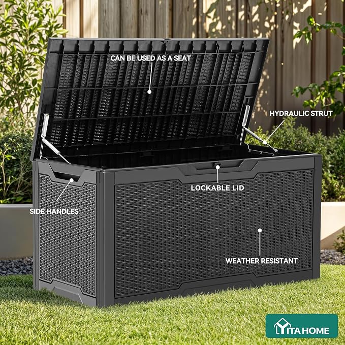 YITAHOME 100 Gallon Large Deck Box | Outdoor Resin Storage Boxes for Patio Furniture, Outdoor Cushions, Garden Tools, Water Resistant and Lockable