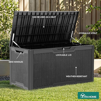 YITAHOME 100 Gallon Large Resin Deck Box Outdoor Storage Boxes for Patio | Outdoor Cushions, Garden Tools and Pool Supplies-Waterproof,Lockable (Black)
