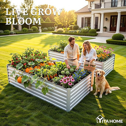 YITAHOME 2pcs 8x4x2ft Galvanized Raised Garden Bed, Metal Planter Box with Safety Rubber, Gloves, Outdoor Flower Bed for Planting Plants Vegetables, Silver