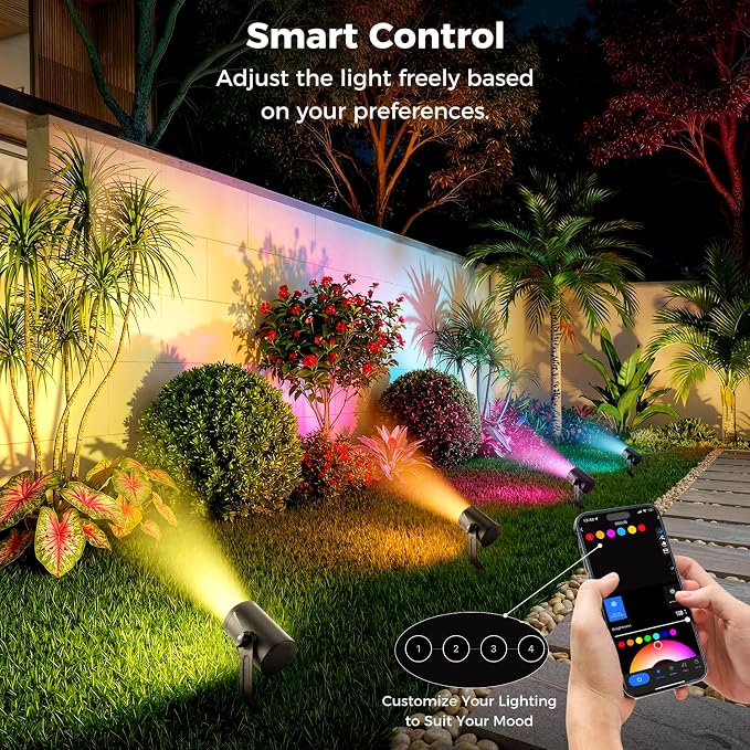 CDN Smart Landscape Spotlights, 4 Pack RGBCW Outdoor Lights, IP65 Waterproof & Dimmable, Compatible with Alexa/Google Assistant, for Garden Yard Pathway Decor