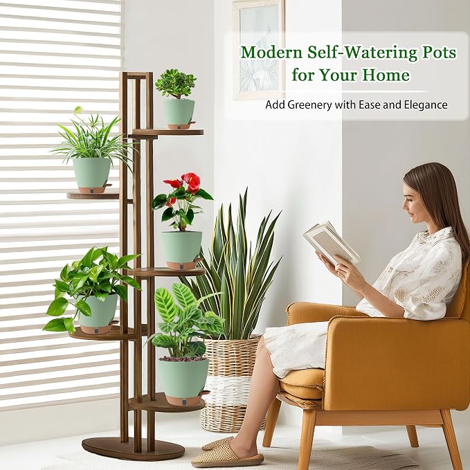 Self Watering Pots for Inoor Ourdoor Plants 8/7/6.5/6/5 Inch Plastic Planters with Drainage Holes & Water Level Indicator, Decorative House Flower Nursery Planting Pots with Saucers (Green)