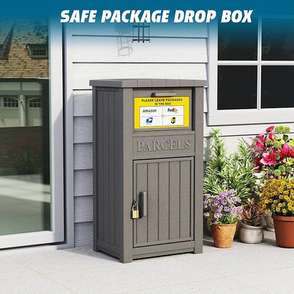 LHBGO Package Delivery Box with Sign, Lockable & Weatherproof Anti-Theft Parcel Delivery Box for Porch, Curbside, Patio,Gray