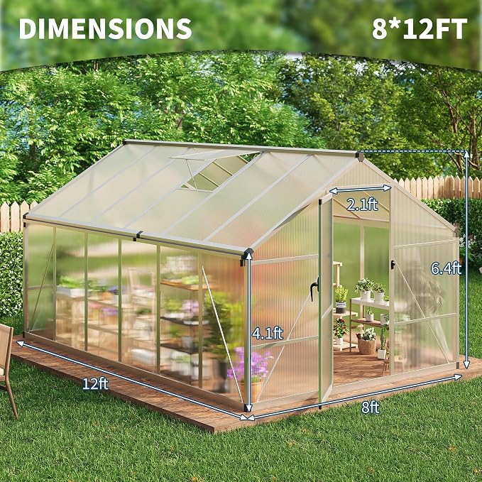 8x12 FT Polycarbonate Greenhouse for Outdoors, Aluminum Frame Green House with Lockable Door, Adjustable Roof Vent and Rain Gutters for Backyard, Garden, Patio