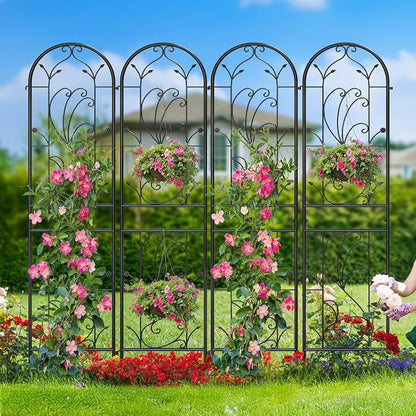 4-Pack 87" x 20" Sunflower Scroll Arch Black Metal Garden Trellises | Set of 4 rust-resistant trellises with floral scrollwork, arched tops, stakes, and support for roses, vines, or vegetables