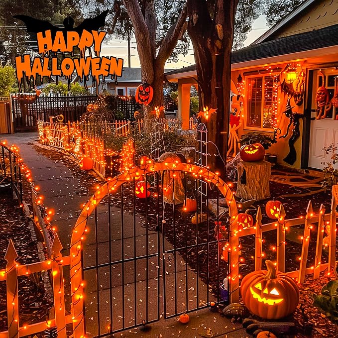 JMEXSUSS 2 Pack Solar Halloween Lights, Total 151FT 400 LED, Orange | Halloween Lights Outdoor Waterproof, 8 Modes Solar String Lights for Outside Patio Tree Garden Yard Halloween Decorations