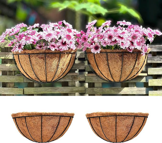 LaLaGreen Wall Hanging Planters (12 Inch, 2 Pack) Wall Mounted Flower Baskets with Coco Liner, Metal Iron Wire Plant Holder for Outdoor Window Box Herb Outside Fence Railing Deck Porch Balcony Garden