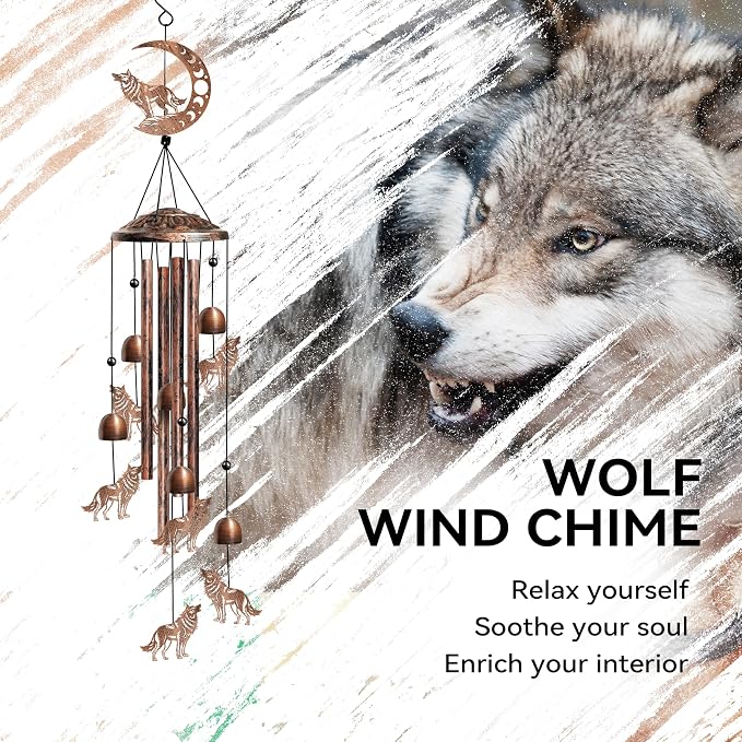Wolf Wind Chimes Outdoor Wolf Gifts for Women/Men/Mom/Grandma Birthday Gifts Memorial Gift Metal WindChimes for Outside/Indoors, Home, Lawn, Porch, Patio, Garden Decor, Yard Decorations