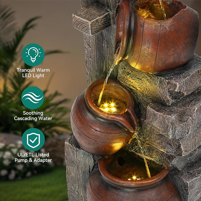 AUTODAYA 31.5" H Outdoor Water Fountain with LED Lights | Farmhouse Style Water Feature with Cascading Waterfall for Patio, Porch, or Yard