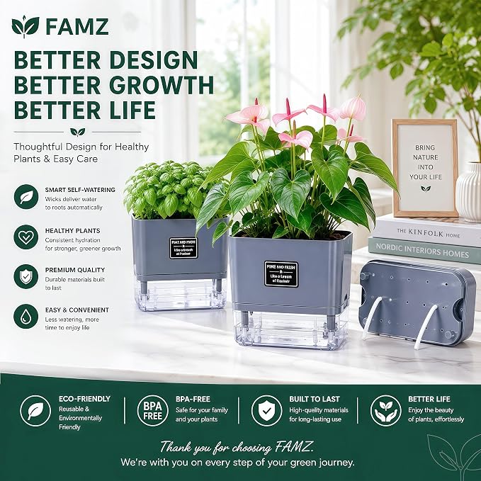 Self Watering Planters 4 Pack, 7 Inch Rectangle Plant Pots with Visible Water Reservoir, Indoor Outdoor Herb Planter Boxes for Windowsill，African Violets，Succulents，Flowers，Kitchen，Office，Balcony Gray