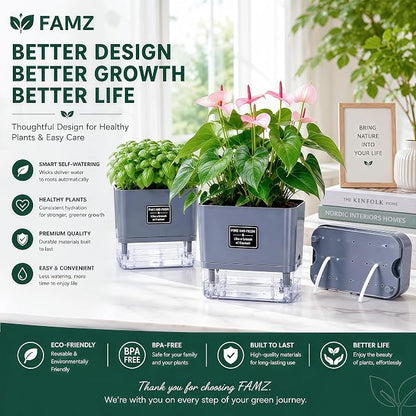 Self Watering Planters 4 Pack, 7 Inch Rectangle Plant Pots with Visible Water Reservoir, Indoor Outdoor Herb Planter Boxes for Windowsill，African Violets，Succulents，Flowers，Kitchen，Office，Balcony Gray