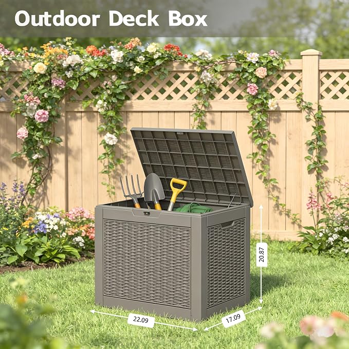 Outdoor Storage Box, 35 Gallon Resin Deck Boxes Outdoor Waterproof For Patio Furniture, Garden Tools, Pool Supplies, Lockable And UV Resistant (Rattan Gray)