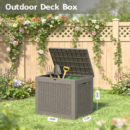 Outdoor Storage Box, 35 Gallon Resin Deck Boxes Outdoor Waterproof For Patio Furniture, Garden Tools, Pool Supplies, Lockable And UV Resistant (Rattan Gray)