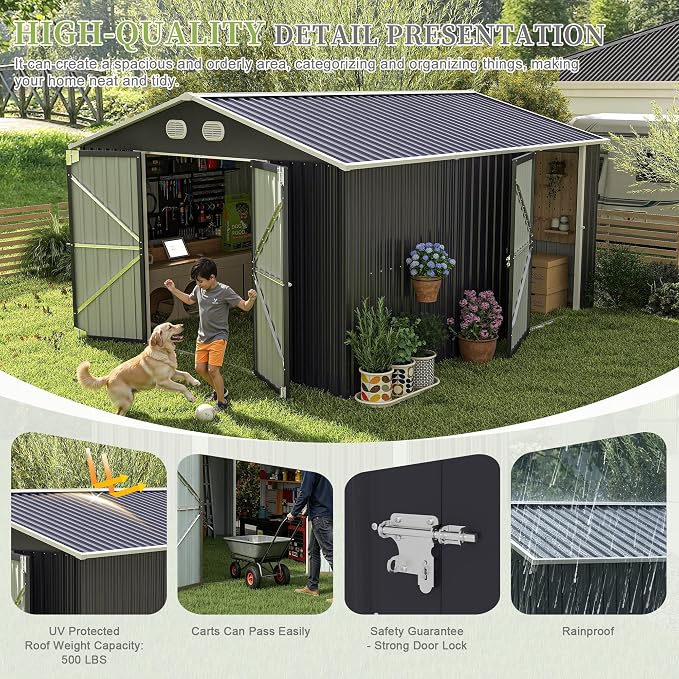 YOPTO 12X10 FT Metal Outdoor Storage Shed W/Flower Pot Stand,Dark Gray | 3 Lockable Doors,Air Vent,Sloped Roof,Reinforced Structure,Waterproof Outdoor Shed for Garden,Patio,Backyard,Lawn
