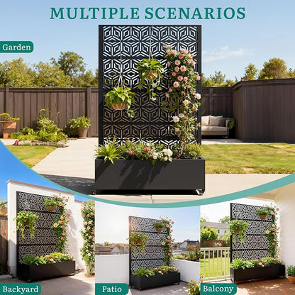 Metal Planter Box with Trellis, Galvanized Steel Raised Garden Bed with Privacy Screen, Lockable Casters, 73"x47"x16" Planter with Drainage Holes for Outdoor Climbing Plants, Vegetables, Patio