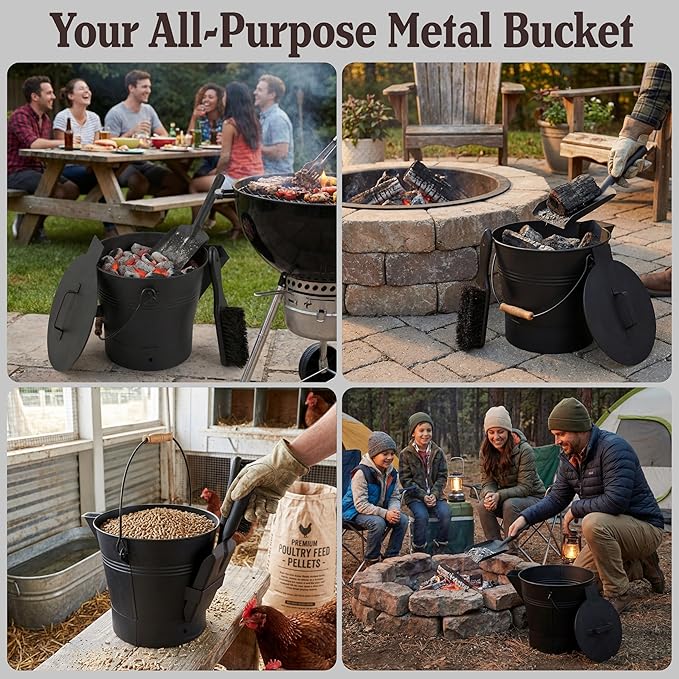 Pure Garden Ash Bucket - Metal Bucket with Lid (2.11-Gallon), Broom, and Shovel for Fireplace or Firepit Ashes - Fireplace Tools (Black) - 1 Count
