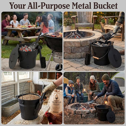 Pure Garden Ash Bucket - Metal Bucket with Lid (2.11-Gallon), Broom, and Shovel for Fireplace or Firepit Ashes - Fireplace Tools (Black) - 1 Count