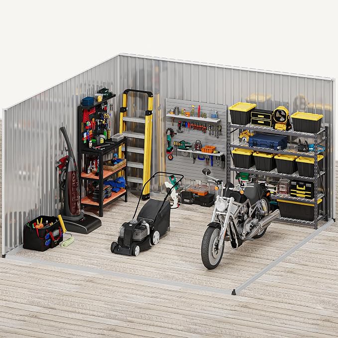 DWVO 10x10ft Large Tool Storage Shed with Window, Lockable Doors, and Sloped Roof, Oversized Steel Outdoor Storage Shed for Garden, Patio, Garage, Backyard, Lawn(Gray + White)