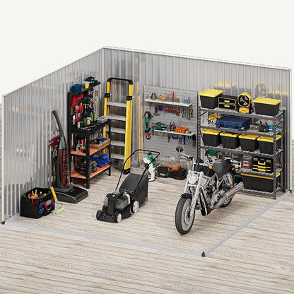 DWVO 10x10ft Large Tool Storage Shed with Window, Lockable Doors, and Sloped Roof, Oversized Steel Outdoor Storage Shed for Garden, Patio, Garage, Backyard, Lawn(Gray + White)