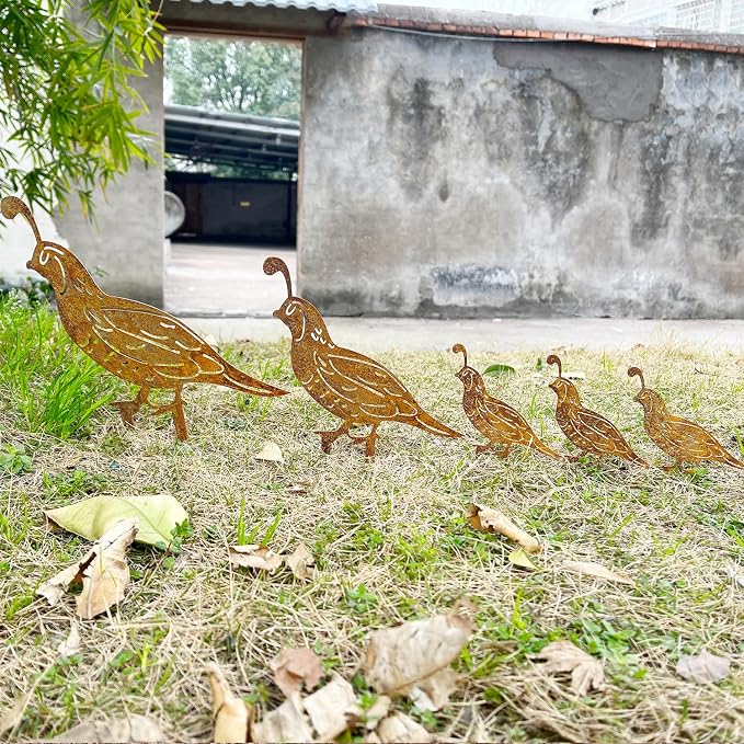 5PCS Rusty Quail Family Decorative Garden Stakes, Metal Birds Yard Decor, Bird Lover Gifts for Women Mom Grandma Wife, Metal Birds Statues Garden Sculptures and Yard Art, Patio, Lawn Ornaments