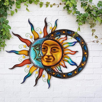 Glitzhome Sun and Moon Wall Decor, 33.5 Inch Celestial Metal Wall Art with Glossy Color Finish and Antique Details, Outdoor Sun and Moon Decor for Garden Porch Patio Home