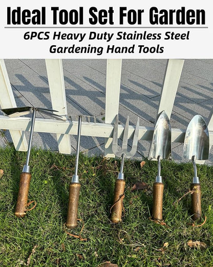 Garden Tool Set, 6PCS Heavy Duty Stainless Steel Gardening Hand Tools with Ropes, Includes Hand Cultivator Shovel Trowel Transplanter 2-in-1 Hoe Pruner, Ideal Gardening Gifts for Women Men (Classic)