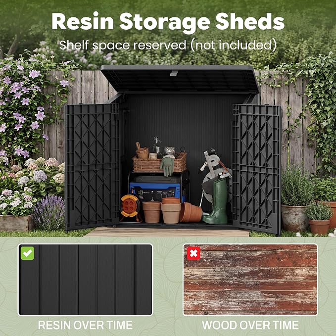 LHBcraft 36 Cu Ft Outdoor Storage Cabinet, Horizontal Resin Storage Shed Box for Backyards, Patios, Portable Waterproof Outdoor Storage Box with Lockable Doors, Ashen