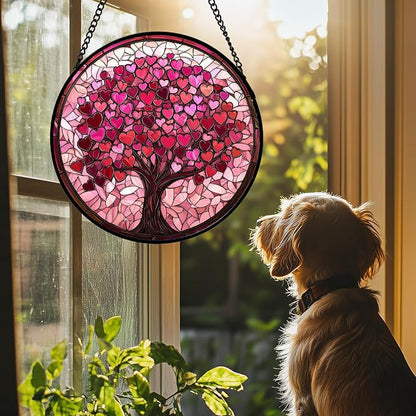 Stained Glass Window Hanging, Birthday Gifts for Women Mom Grandma Nana Wife Couple, Pink Love Tree Suncatcher for Doors Window Home Sun Catchers Gifts Decor 7.8 in