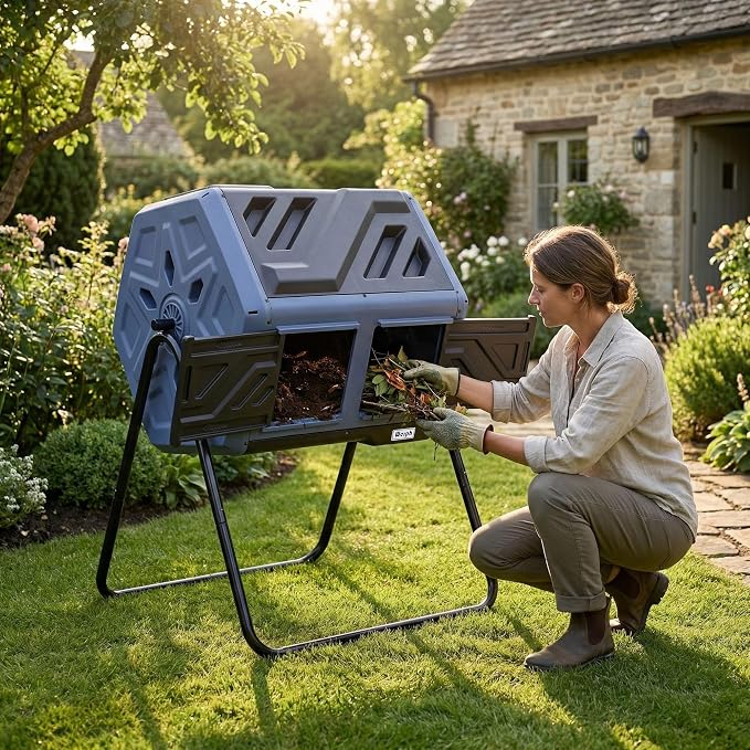 Werph 43 Gal Dual Chamber Compost Tumbler for Garden & Yard, Purple & Black | Fast Assembly, 43 Gal Dual Chambers & Aeration System, 360° Rotating Tumbler, for Garden, Kitchen, & Yard (Gloves Included)