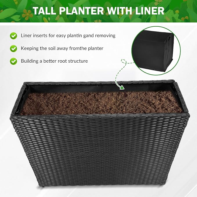 HPC Decor Planters, Plastic Planter for Outdoor Plants Handmade Wicker Large Rectangular Block Planter Box with Removable Liners, Modern Planter for Indoor Outdoor Patio Porch Deck.