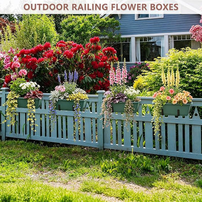 Deck Railing Planter Box Set of 2, Fence Hanging Balcony Window Boxes Planters with Adjustable Plant Hanger Bracket, 17" Railing Flower Boxes Outdoor for Porch Rail Patio Garden Décor, Green
