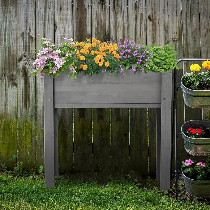 Raised Garden Bed with Legs Elevated Wooden Planter Box for Backyard Patio Balcony Deep Grow Box for Vegetables Flowers Fruits & Herbs (Grey, 31x31x16in)