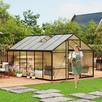 8x12 ft Walk-in Greenhouse, Polycarbonate Panels with Reinforced Aluminum Frame, Large Garden Green House for Planting and Seed Starting, Quick-Assembly Structure with Adjustable Roof Vent
