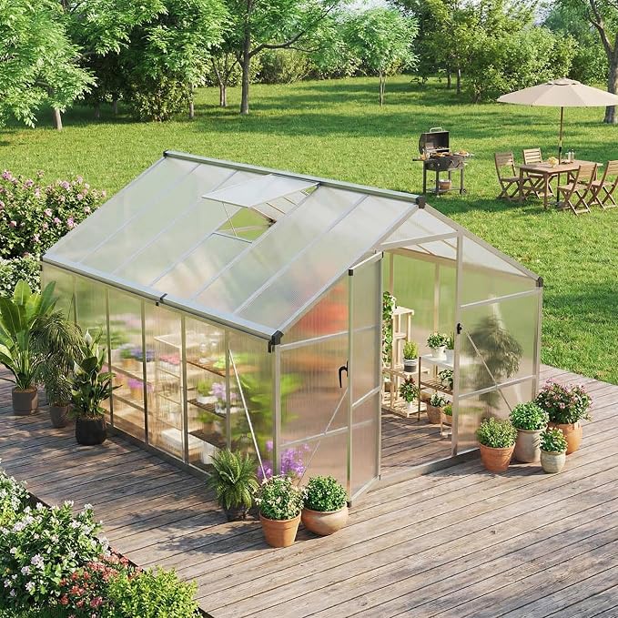 Garvee 8x12ft Walk-in Greenhouse, Heavy Duty Large Outdoor Green House | Polycarbonate Garden Greenhouse with Roof Vent, Lockable Outward-Opening Swing Door & Aluminium Frame for Backyard, Sliver