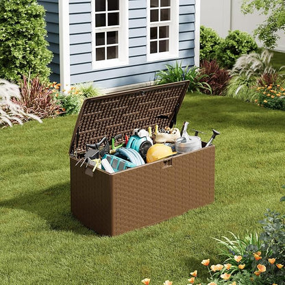 IDEALHOUSE 100 Gallon Resin Deck Box, Waterproof Outdoor Storage Box with Lockable Lid & UV Resistant, Patio Furniture Cushion Storage Container for Garden, Backyard, Poolside (Brown)