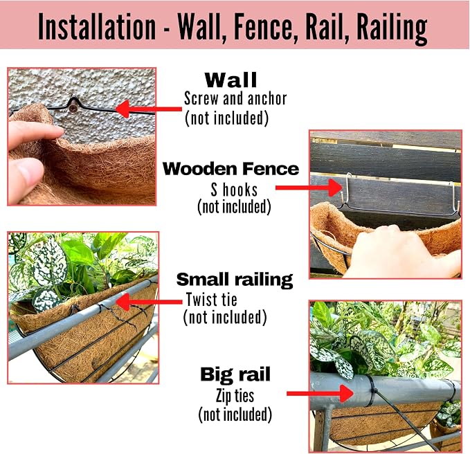LaLaGreen Wall Hanging Planters for Plants (12 Inch, 6 Pack) Wall Mounted Flower Baskets with Coco Liner, Black Metal Iron Wire Plant Holder for Outdoor Fence Railing Outside Deck Porch Balcony Garden