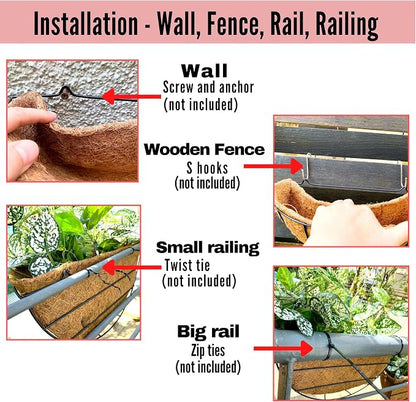 LaLaGreen Wall Planters for Outdoor Plants (2 Pack, 14 Inch) Large Hanging Planter with Coco Liner, Metal Round Wire Flower Basket Outside Fence Railing Plant Pots Holder Deck Porch Balcony Decor