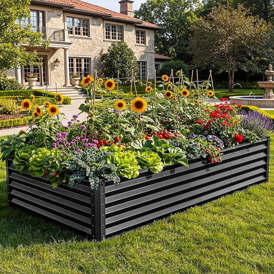 YITAHOME 8x4x1.5ft Galvanized Raised Garden Bed, Metal Planter Box with Safety Rubber, Gloves, Outdoor Flower Bed for Planting Plants Vegetables, Black