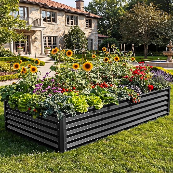 YITAHOME 8x4x1.5 ft Galvanized Raised Garden Bed Kit, Large Metal Planter Box with Gloves, Safety Rubber & Support Rod, Outdoor Flower Bed for Plants Vegetables, Black