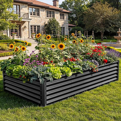YITAHOME 8x4x1.5 ft Galvanized Raised Garden Bed Kit, Large Metal Planter Box with Gloves, Safety Rubber & Support Rod, Outdoor Flower Bed for Plants Vegetables, Black
