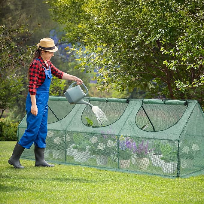 Aoodor 9 x 3 x 3 ft Mini Greenhouse with 3 Zipper Doors, Water-Resistant, UV-Protected for Flowers, Vegetables, and Herbs, Green
