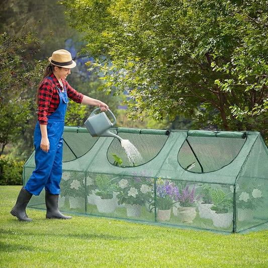 Aoodor 9 x 3 x 3 ft Mini Greenhouse with 3 Zipper Doors, Water-Resistant, UV-Protected for Flowers, Vegetables, and Herbs, Green