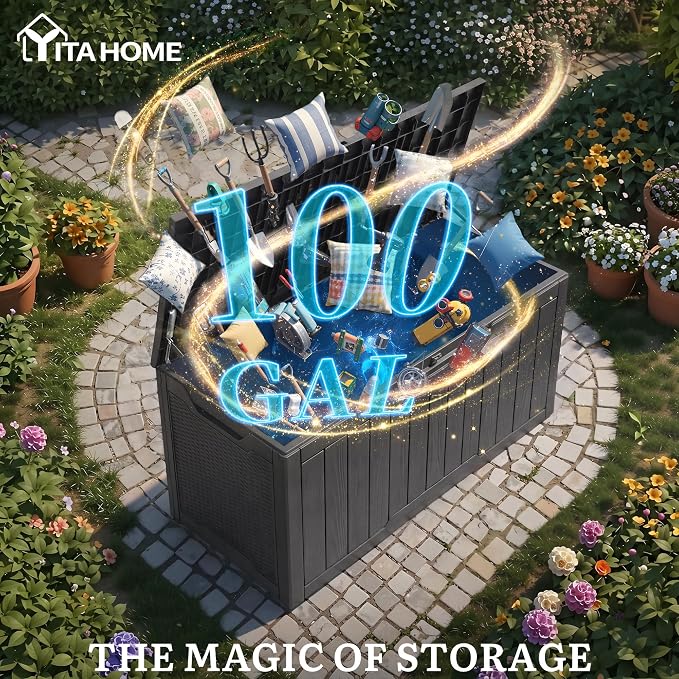 YITAHOME 100 Gallon Large Outdoor Deck Box | Waterproof Resin Storage Box, Lockable Indoor Outdoor Storage Container for Patio Furniture Cushions, Pool Accessories