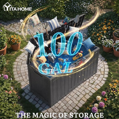 YITAHOME 100 Gallon Large Outdoor Deck Box | Waterproof Resin Storage Box, Lockable Indoor Outdoor Storage Container for Patio Furniture Cushions, Pool Accessories