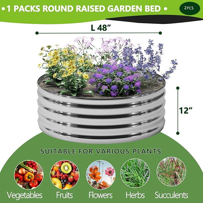 DIIYIV 2PCS 4x4x1FT Galvanized Raised Garden Bed, Outdoor Metal Vegetable Flower Planter Box Silver