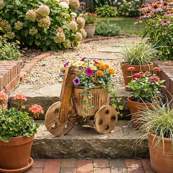 Mini Wooden Wheelbarrow Planter, Rustic Tabletop Succulent Holder, Farmhouse Garden Decor Gift for Patio Porch Balcony Indoor Display, 11.8 x 7.5 x 10.6 in