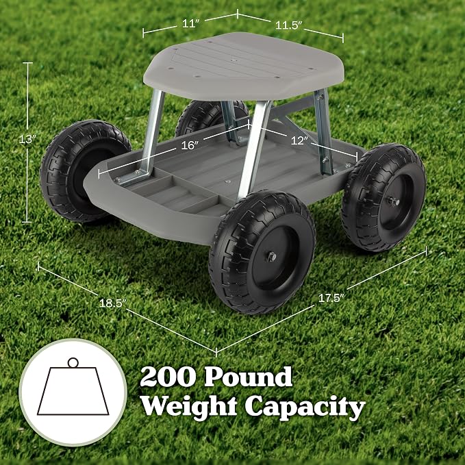 Gardening Stool - Rolling Garden Seat with Wheels and Storage Tool Tray - Garden Cart Scooter - Yard Tools by Pure Garden (Gray)